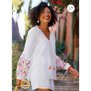 Sundance NWT Women’s Petite White Leda Embroidered Colorful Top size Medium